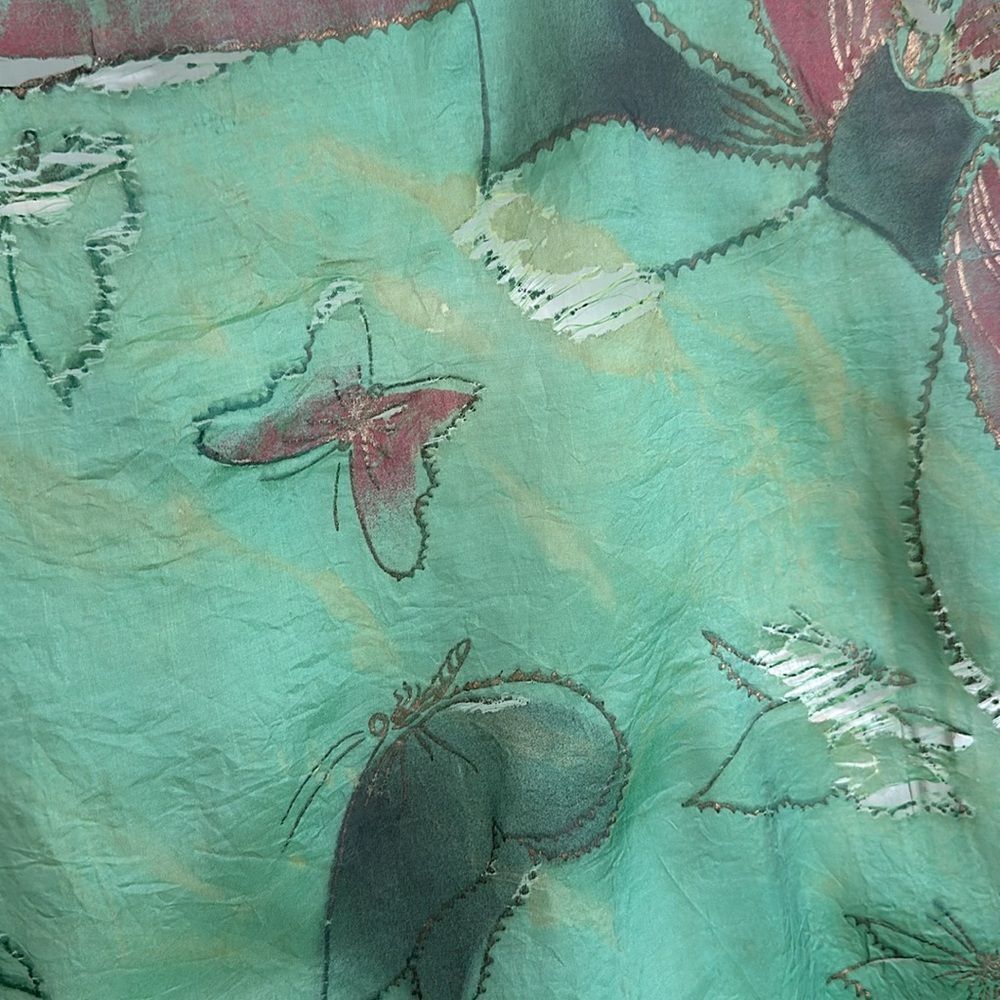 Vtg Brico 5 1/2 Momme green silk artsilk scarf painted with butterflies- AS IS - Picture 8 of 11
